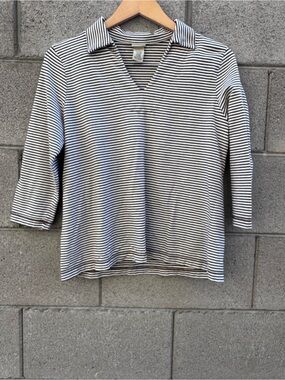 Vintage L.L.Bean Women's Brown and White Striped Knit Top